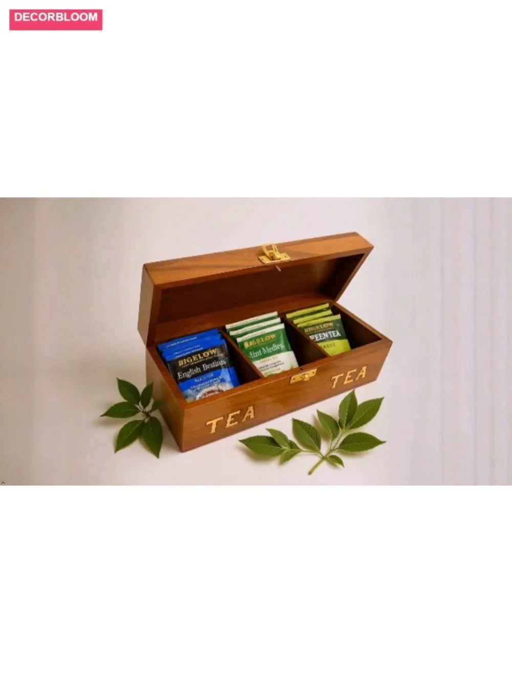 Handcrafted Rosewood Tea Box 3-Compartment Organizer with Brass Inlay